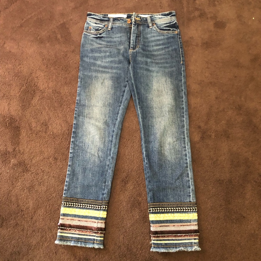 Blue Ankle Cropped Jeans with Decorative Hem from Anthropology